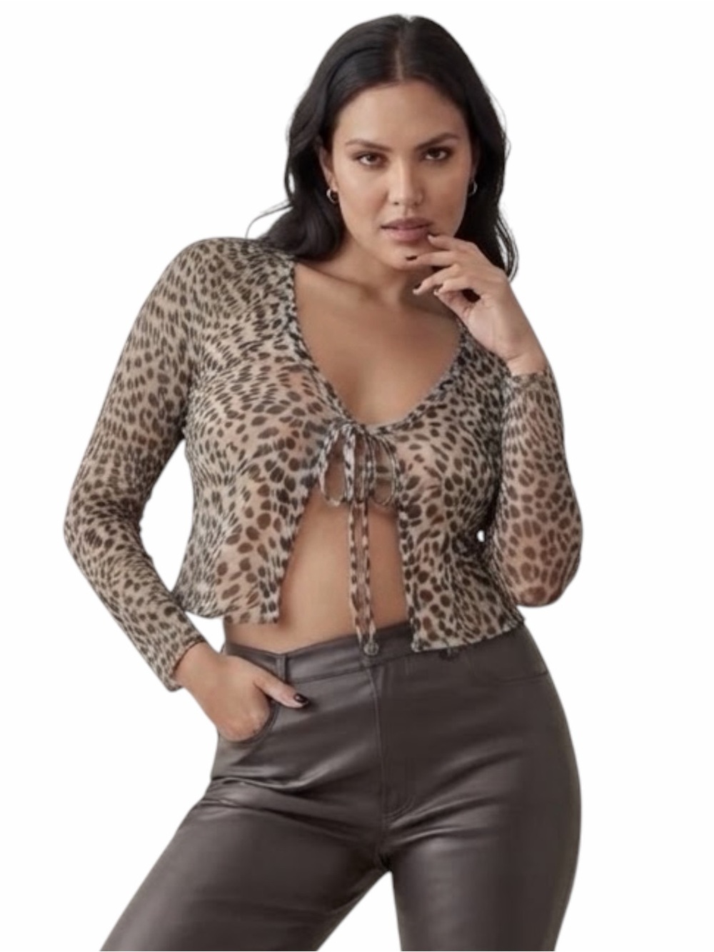 Reformation Jan Top Sheer Mesh Tie Front Leopard Cheetah Crop Blouse NWT Size M